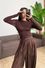 Bağlama Detaylı Bluz Kahverengi