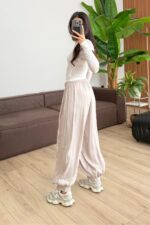 Paçası Düğmeli Saten Şalvar Pantolon Taş - Görsel 3