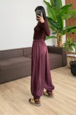 Paçası Düğmeli Saten Şalvar Pantolon Mürdüm - Görsel 4