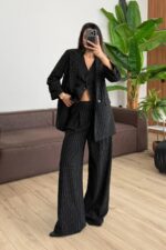 Çizgili Üçlü Takım Siyah