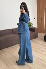 Zımbalı Denim Gömlek Pantolon Takım Mavi - Görsel 4