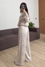 Desenli Fermuarlı Hırka Pantolon Takım Vizon - Görsel 4