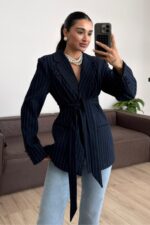 Çizgili Blazer Ceket Lacivert