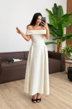 Madonna Yaka Puantiyeli Elbise Ekru