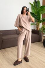 Tensel Kumaş Tişört Pantolon Takım Koyu Bej