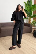 Tensel Kumaş Tişört Pantolon Takım Siyah