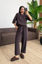 Tensel Kumaş Tişört Pantolon Takım Acı Kahve