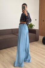 Pileli Denim Görünümlü Pantolon Açık Mavi - Görsel 4