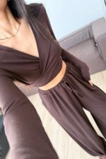 Vena Bağlamalı Crop Şalvar Pantolon Takım Kahverengi - Görsel 3