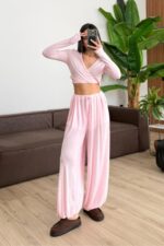 Vena Bağlamalı Crop Şalvar Pantolon Takım Pembe