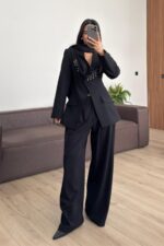 Aksesuar Şallı Ceket Pantolon Takım Siyah