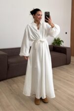 Balon Kol Uzun Gömlek Elbise Beyaz