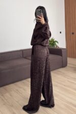 Desenli Fermuarlı Hırka Pantolon Takım Kahverengi - Görsel 4