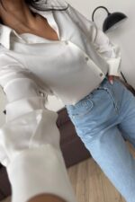 V Yaka Saten Gömlek Ekru - Görsel 2