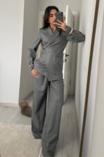 Bağlamalı Çizgili Ceket Pantolon Takım Antrasit