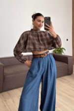 Yakalı Ekose Uzun Kol Crop Kahverengi