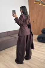 Aksesuar Şallı Ceket Pantolon Takım Kahverengi - Görsel 4