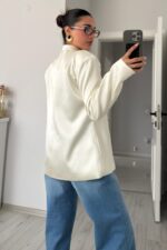 Saten Vatkalı Mandarin Ceket Ekru - Görsel 3