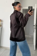 Saten Vatkalı Mandarin Ceket Kahverengi - Görsel 3