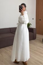 Balon Kol Uzun Gömlek Elbise Beyaz - Görsel 4