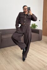 Paçası Çıtçıtlı Gold Düğmeli Takım Kahverengi