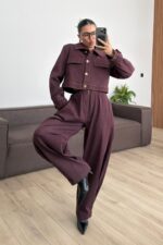 Paçası Çıtçıtlı Gold Düğmeli Takım Mürdüm