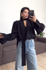 Boyundan Bağlamalı Kolları Volanlı Bluz Siyah