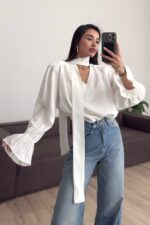 Boyundan Bağlamalı Kolları Volanlı Bluz Beyaz