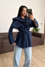 Omzu Fırfırlı Çizgili Gömlek Lacivert