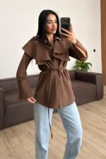 Omzu Fırfırlı Çizgili Gömlek Kahverengi - Görsel 2