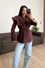 Omzu Fırfırlı Çizgili Gömlek Bordo