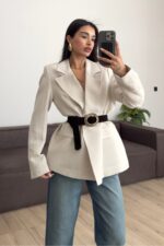 Süet Kemerli Keten Ceket Taş