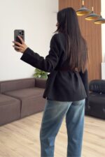 Süet Kemerli Keten Ceket Siyah - Görsel 3