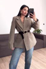 Süet Kemerli Keten Ceket Haki