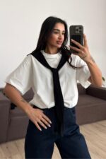 İki Renkli Bağlamalı Tişört Siyah