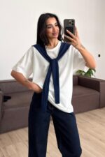 İki Renkli Bağlamalı Tişört Lacivert - Görsel 2