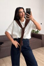 İki Renkli Bağlamalı Tişört Kahverengi