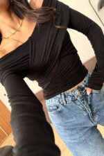 Çapraz Detaylı Kayık Yaka Bluz Siyah - Görsel 2