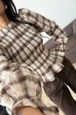 Balon Kol Lastikli Ekose Bluz Kahverengi - Görsel 2