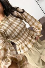 Balon Kol Lastikli Ekose Bluz Haki - Görsel 2