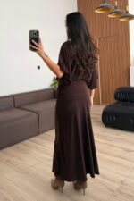 Yarasa Kol Beli Drapeli Elbise Acı Kahve - Görsel 4