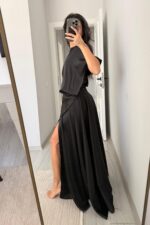 Ous Belden Oturtmalı Yırtmaçlı Saten Elbise Siyah - Görsel 3