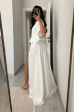 Ous Belden Oturtmalı Yırtmaçlı Saten Elbise Beyaz - Görsel 3