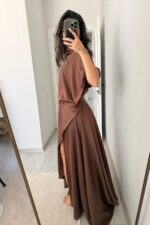 Ous Belden Oturtmalı Yırtmaçlı Saten Elbise Kahverengi - Görsel 3