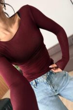 Dp Kayık Yaka Transparan Bluz Bordo - Görsel 2