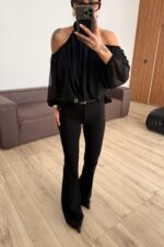 Beli Kemerli İspanyol Paça Pantolon Siyah - Görsel 2