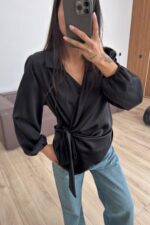 Çapraz Bağlamalı Saten Gömlek Siyah - Görsel 2
