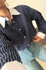 Yakası Beyaz Çizgili Gömlek Lacivert - Görsel 2