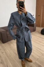 Çizgili Yakasız Ceket Şalvar Pantolon Takım Lacivert - Görsel 2