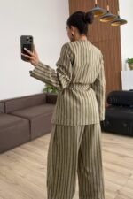 Çizgili Yakasız Ceket Şalvar Pantolon Takım Haki - Görsel 3